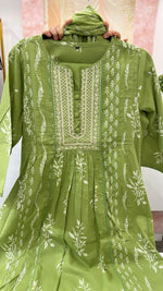 Pure cotton suit set paired with Mul cotton dupatta in green