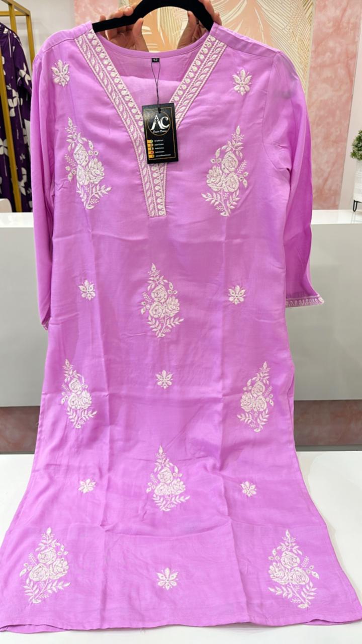 Pure muslin lining embroidered kurta pant in purple