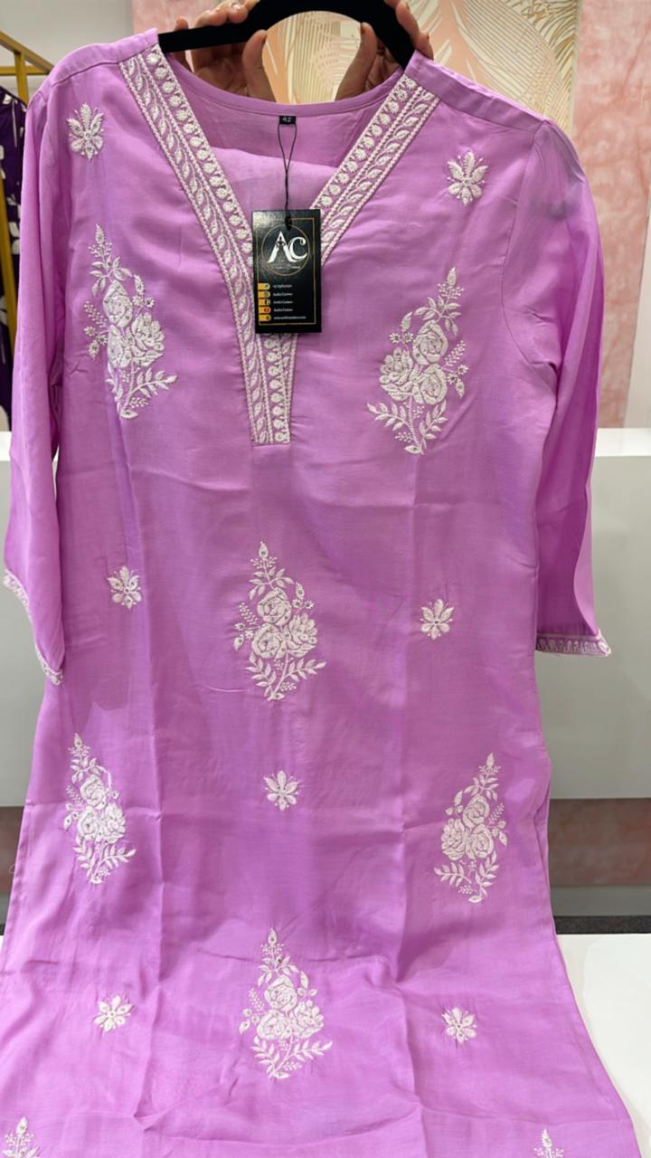 Pure muslin lining embroidered kurta pant in purple