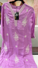 Pure muslin lining embroidered kurta pant in purple