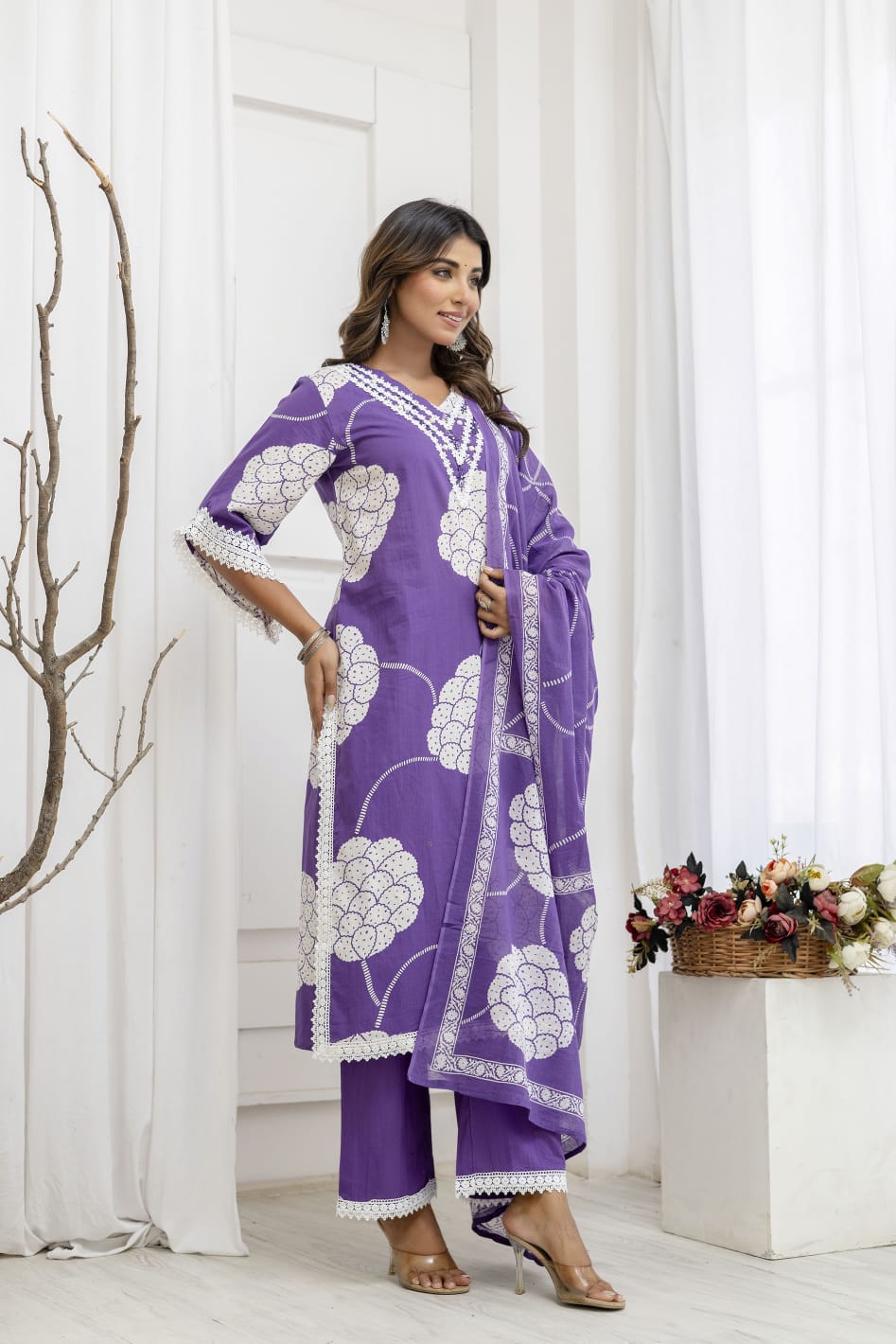 Stylish super elegant cotton suit set with lace detailing in purple