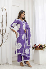 Stylish super elegant cotton suit set with lace detailing in purple