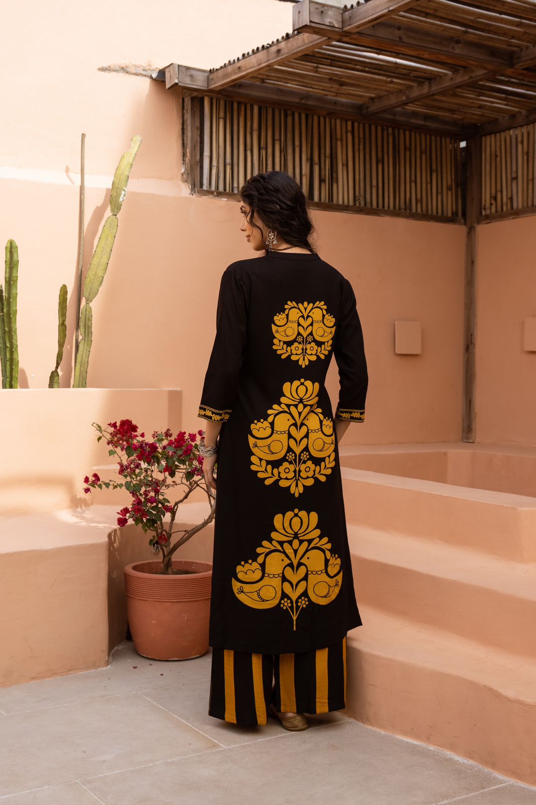 Heavy rayon printed love birds palazzo set in yellow and black