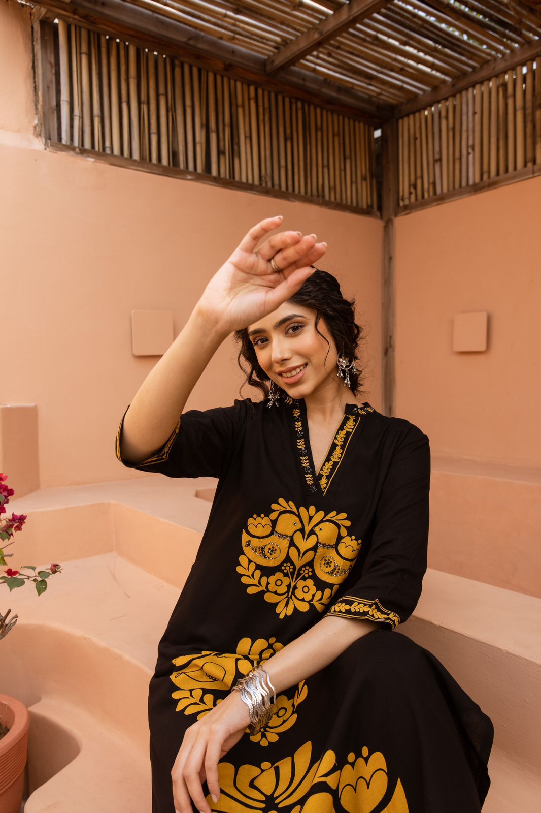 Heavy rayon printed love birds palazzo set in yellow and black