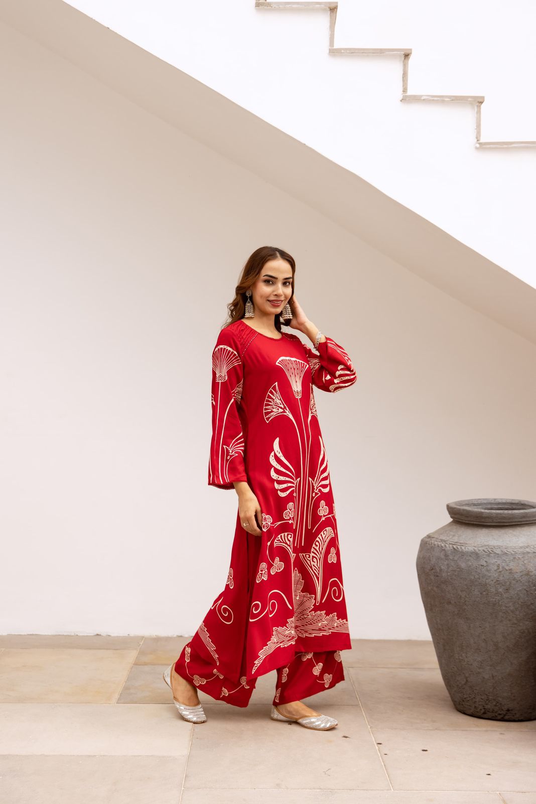 Heavy rayon designer palazzo set in red