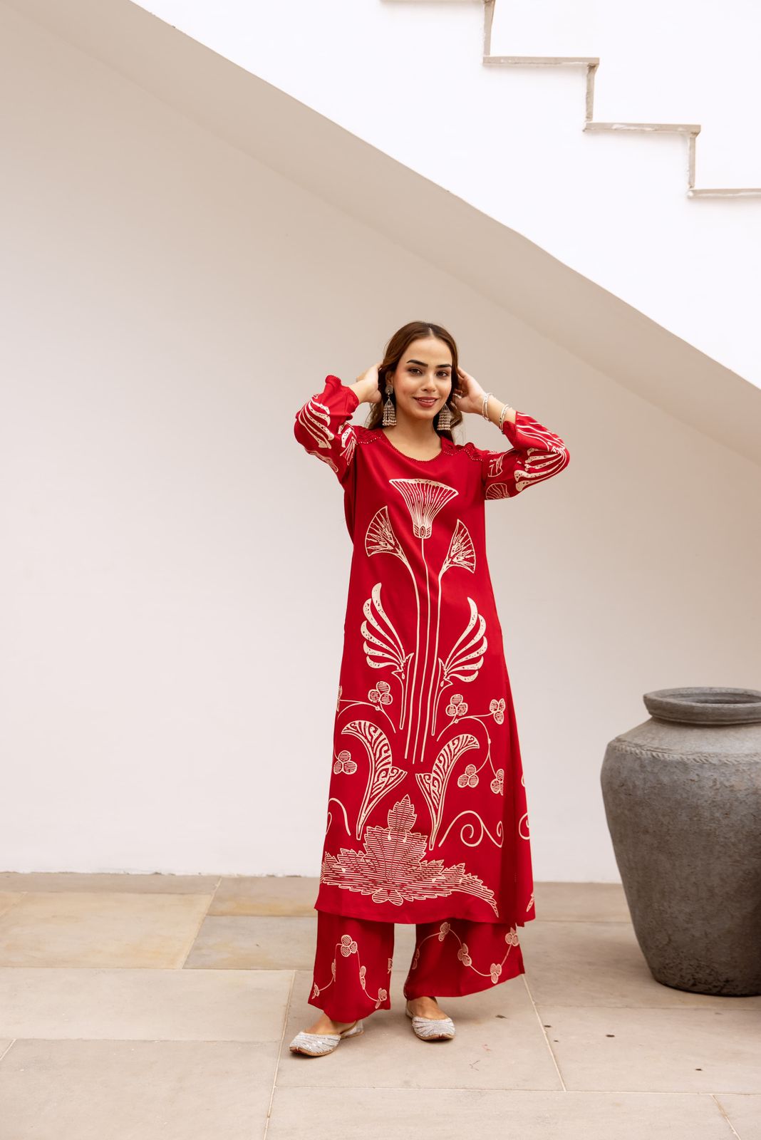 Heavy rayon designer palazzo set in red