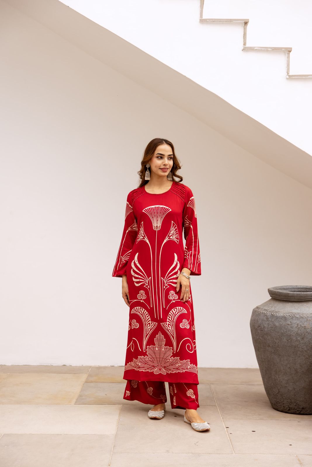 Heavy rayon designer palazzo set in red