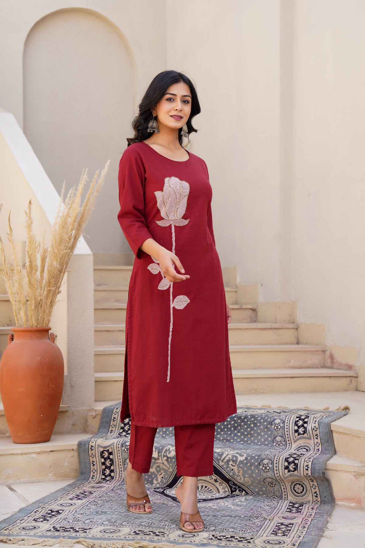 Cotton set with pretty handwork on the kurta in red