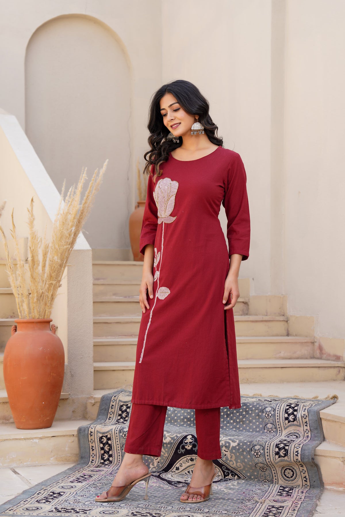 Cotton set with pretty handwork on the kurta in red