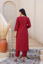 Cotton set with pretty handwork on the kurta in red