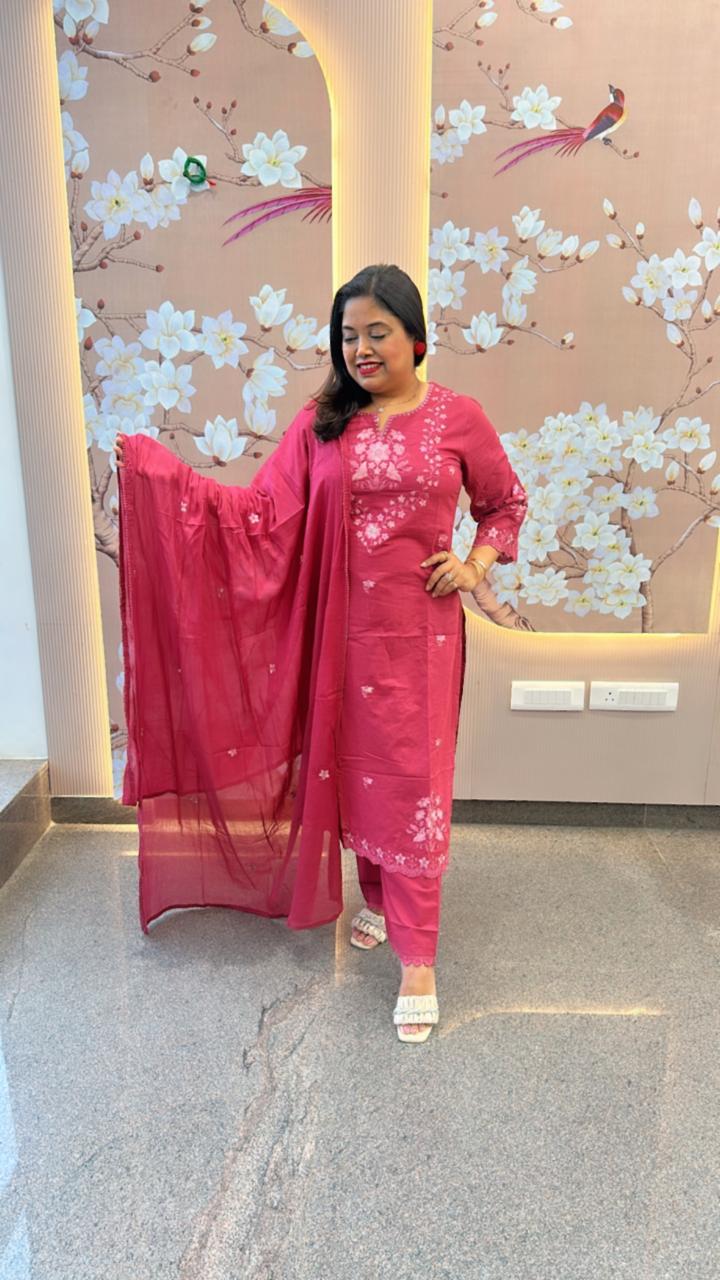 Pure cotton embroidery full suit in pink