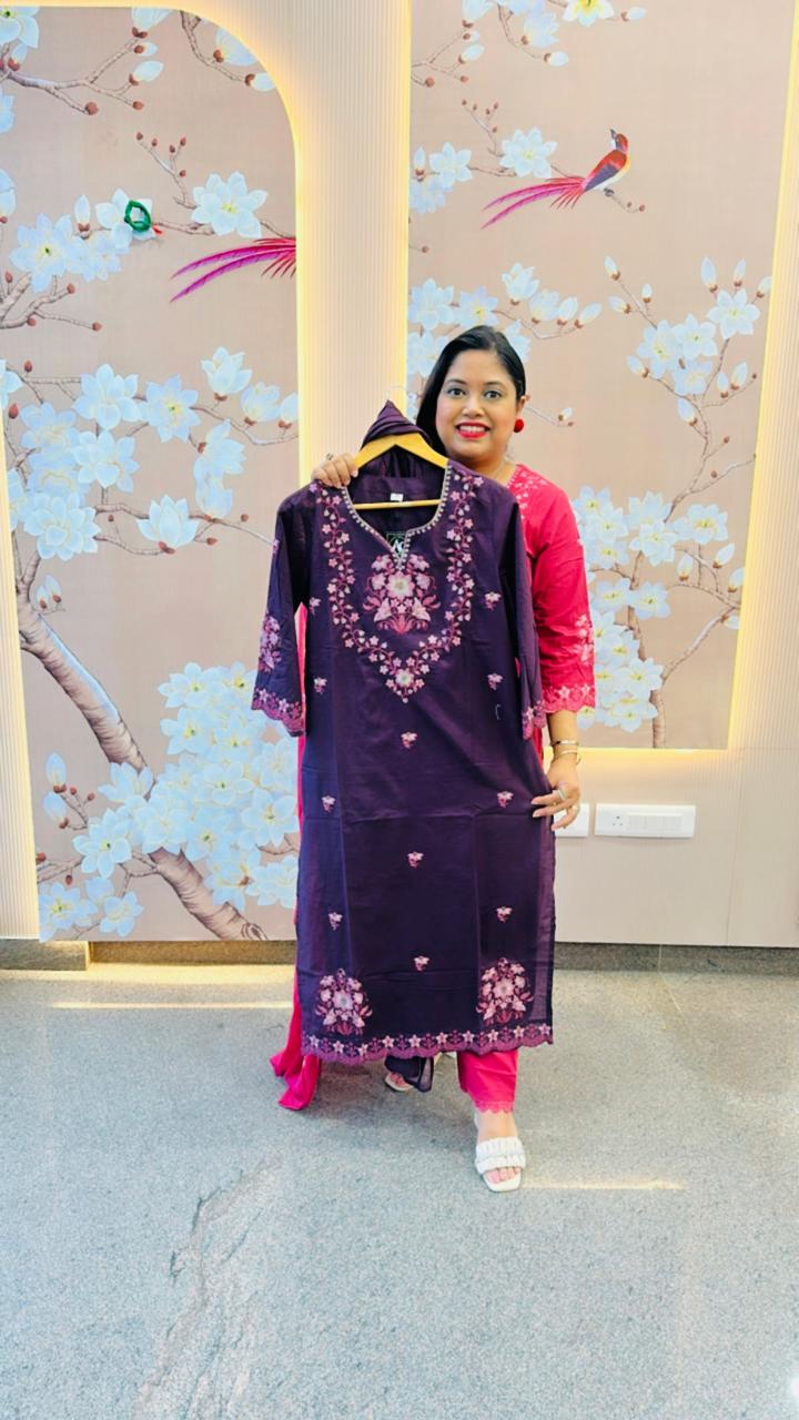 Pure cotton embroidery full suit in purple