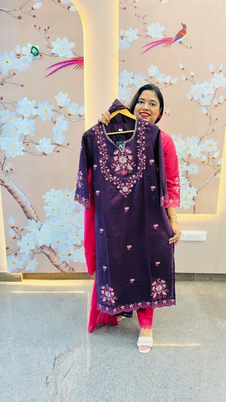 Pure cotton embroidery full suit in purple