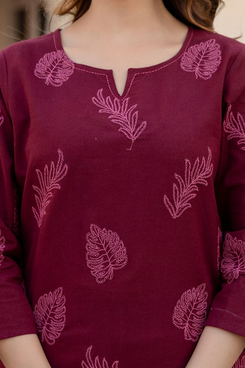 Wine embroidered cotton kurta pant