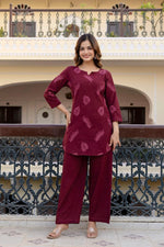 Wine embroidered cotton kurta pant