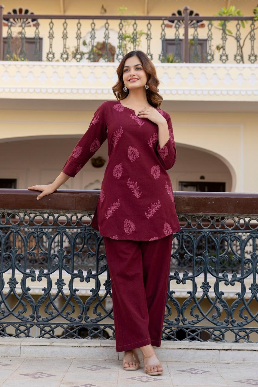 Wine embroidered cotton kurta pant