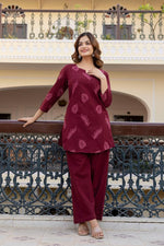 Wine embroidered cotton kurta pant