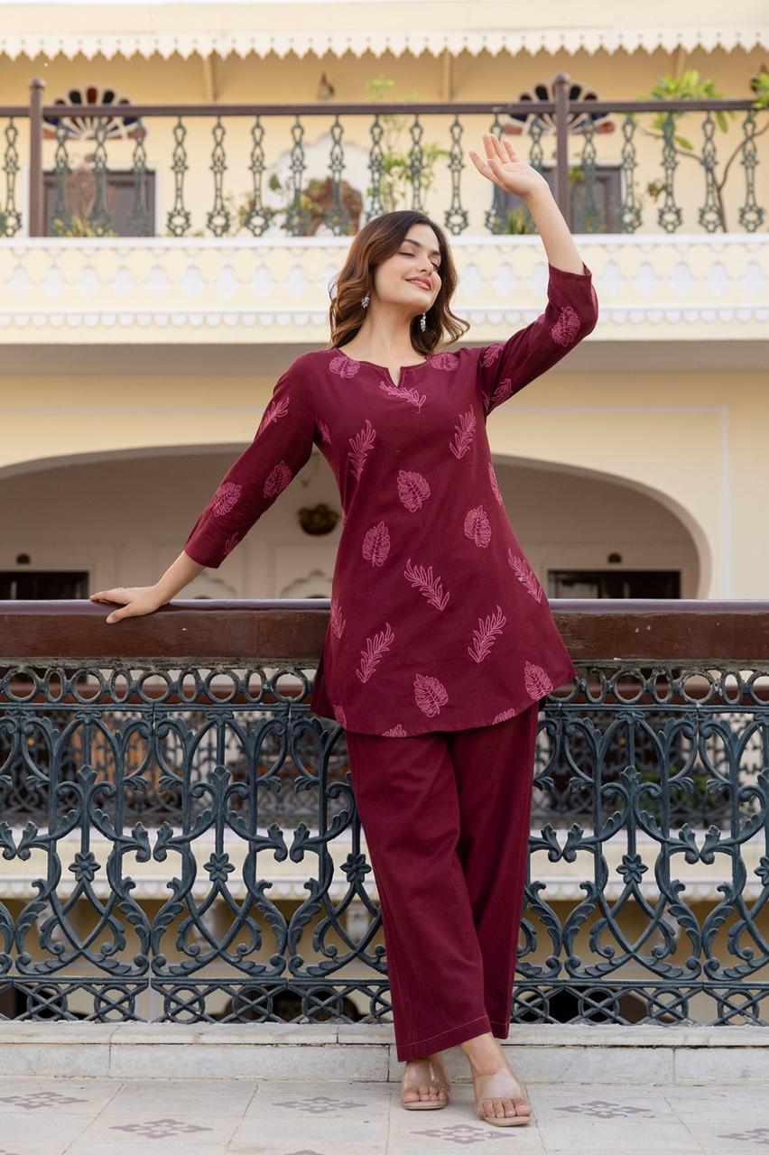 Wine embroidered cotton kurta pant