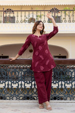 Wine embroidered cotton kurta pant