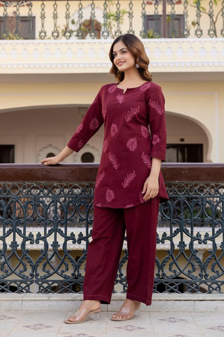 Wine embroidered cotton kurta pant