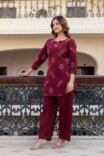 Wine embroidered cotton kurta pant