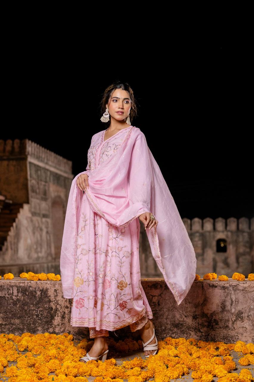 Super pretty pink embroidered Anarkali suit set