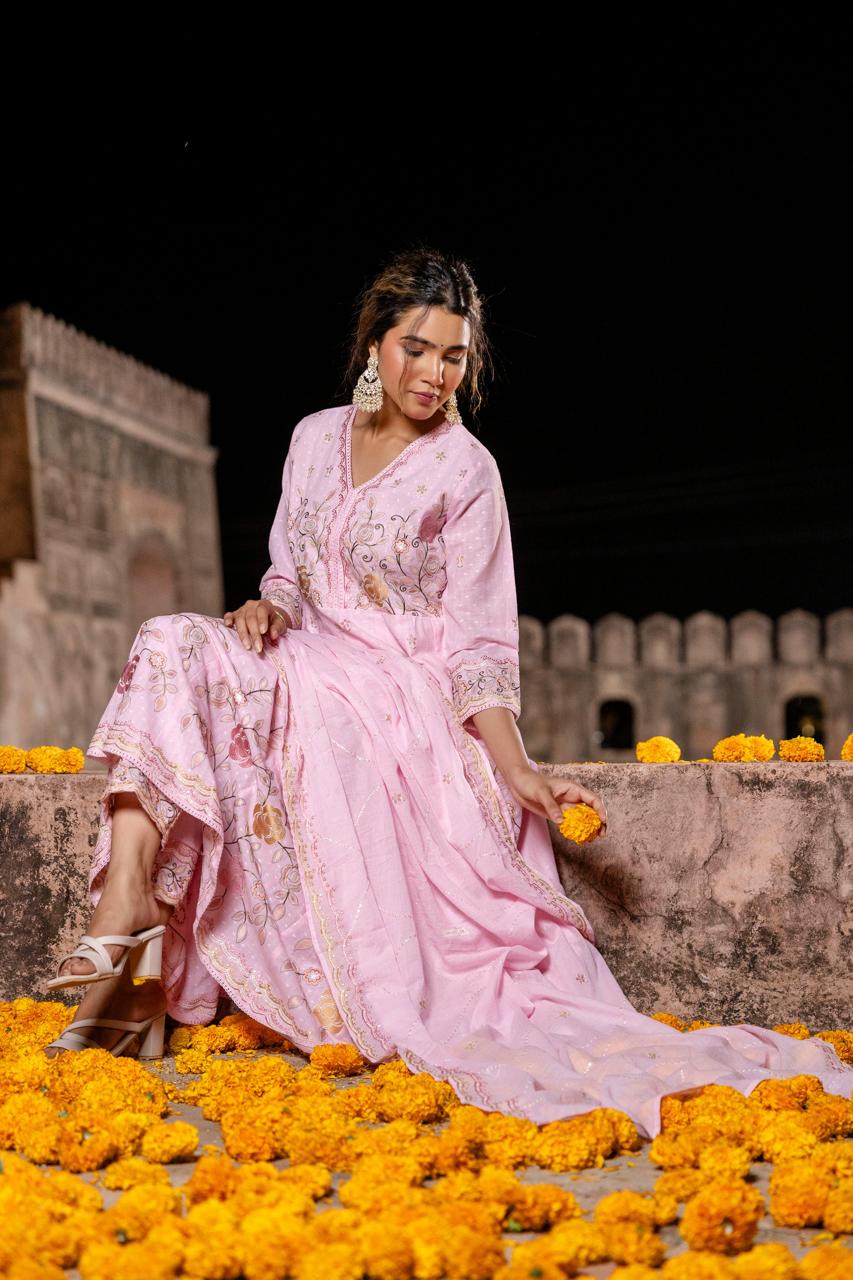Super pretty pink embroidered Anarkali suit set