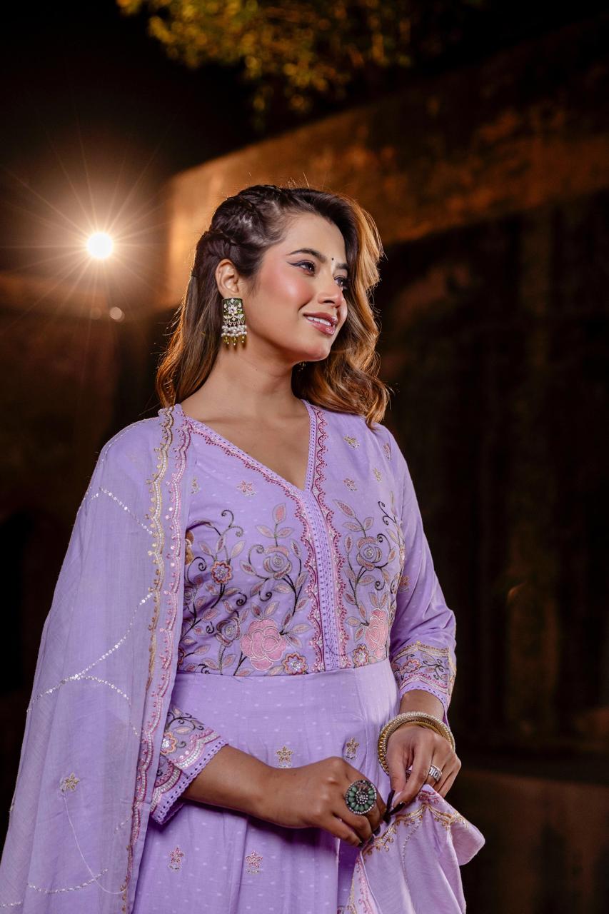 Super pretty pink embroidered Anarkali suit set in purple