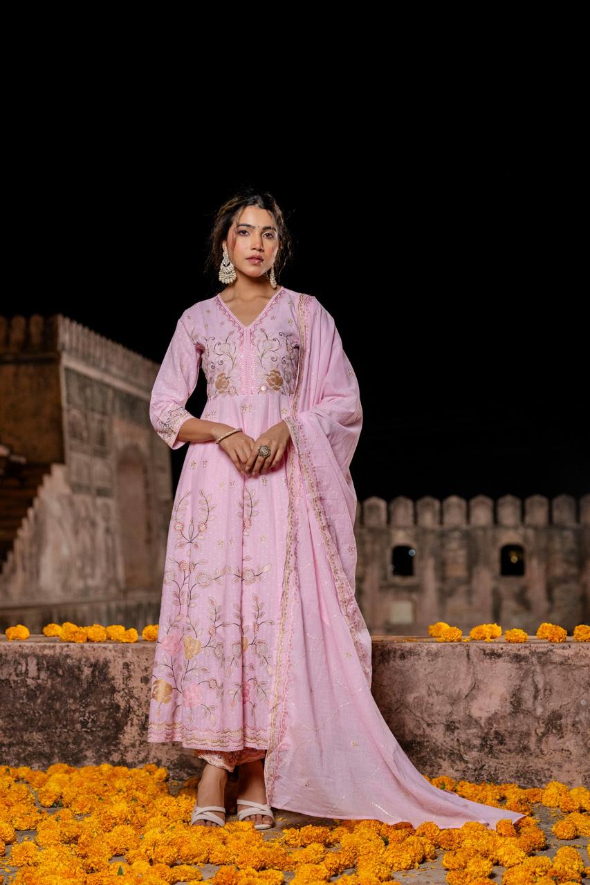Super pretty pink embroidered Anarkali suit set