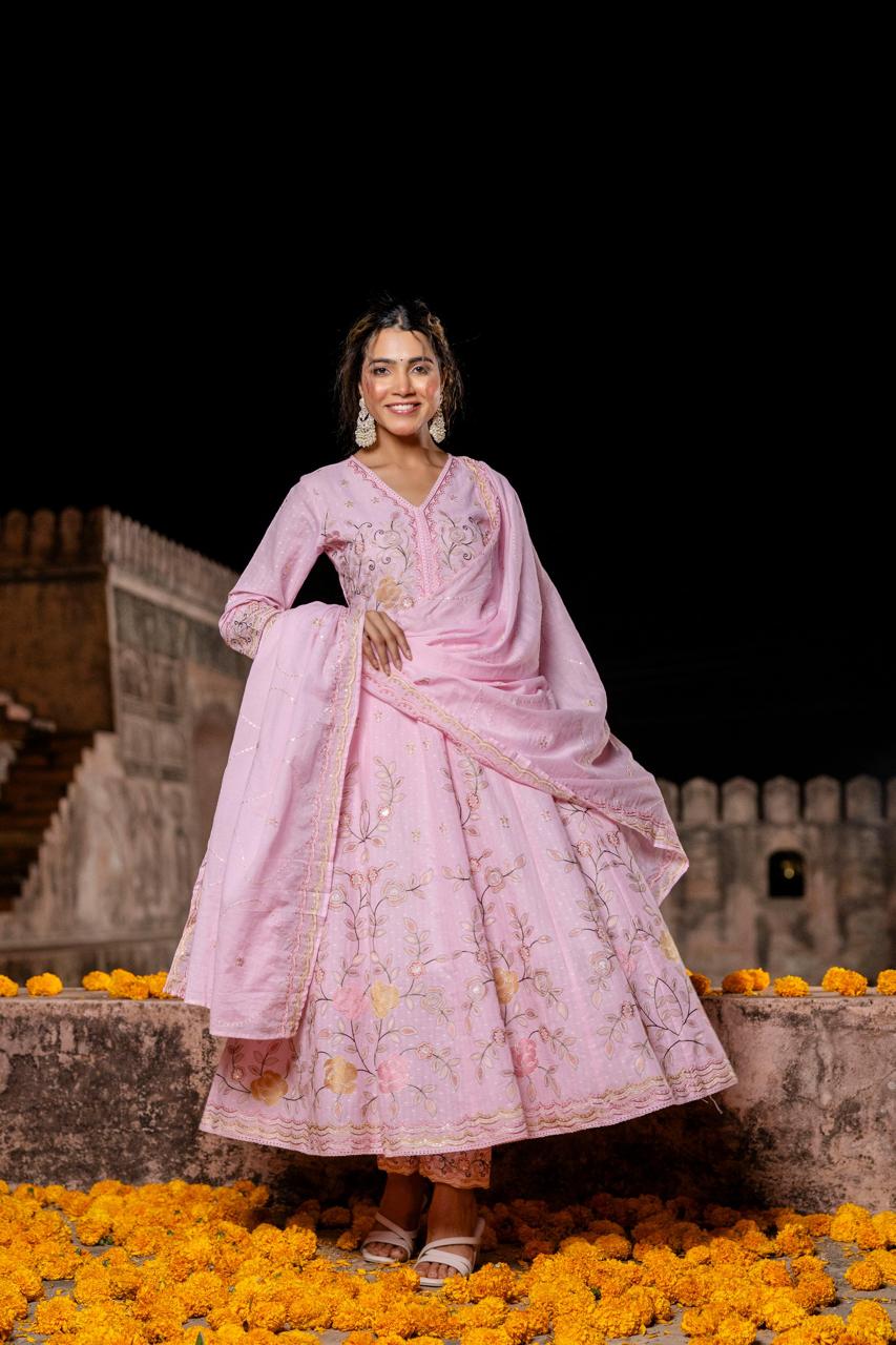 Super pretty pink embroidered Anarkali suit set