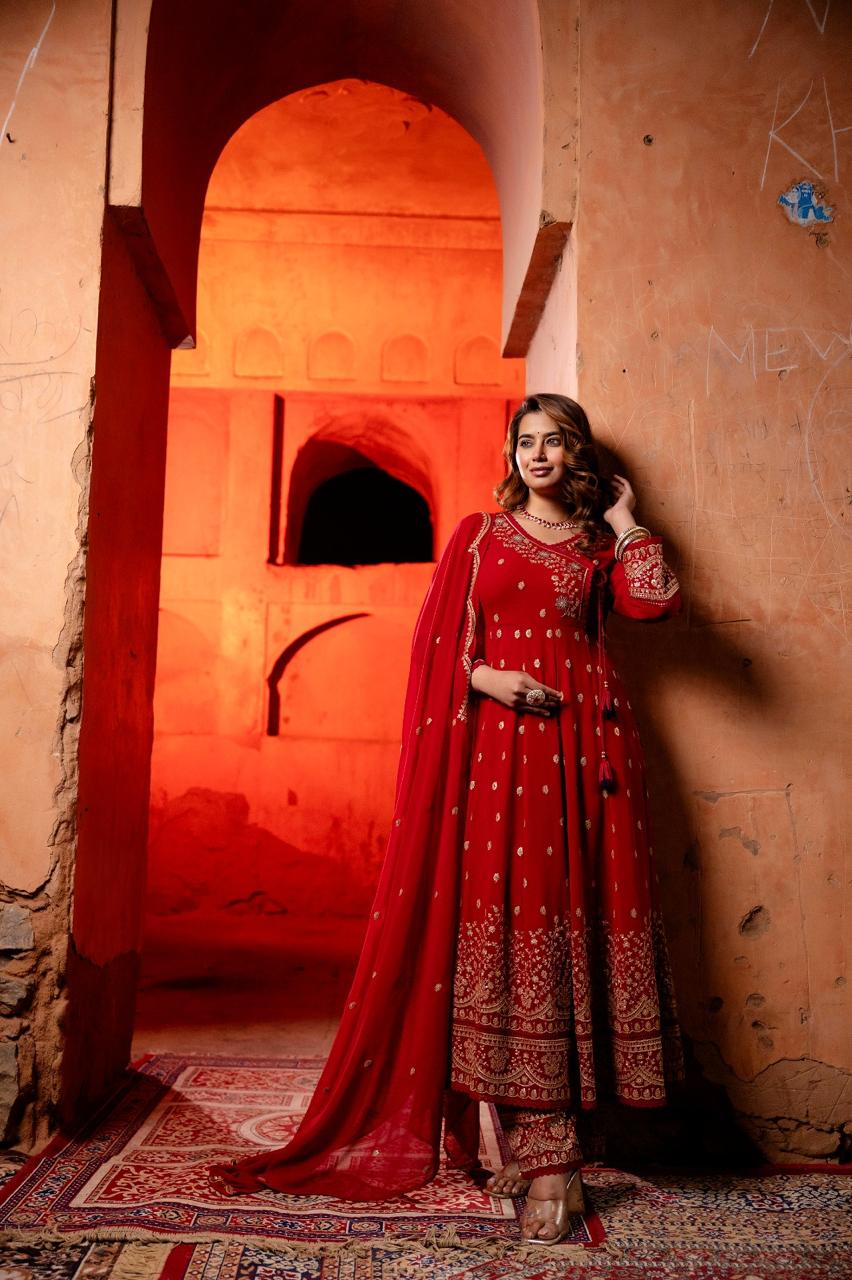 Red intricate embroidery georgette full suit set