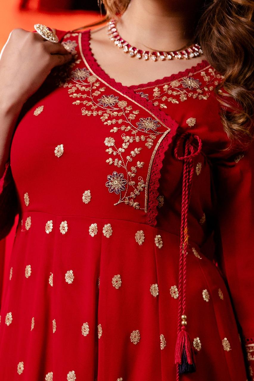 Red intricate embroidery georgette full suit set