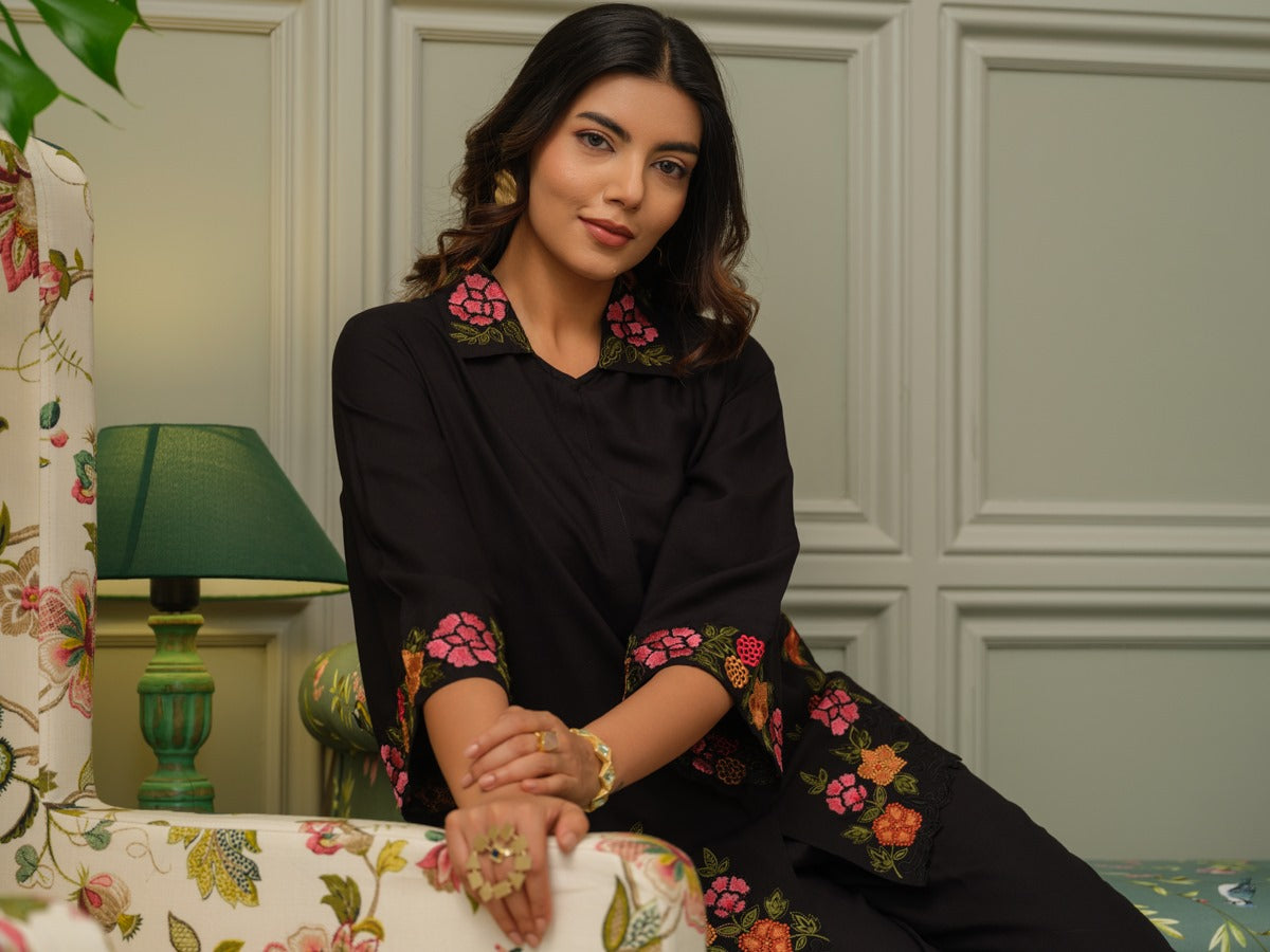 Cotton slub embroidery co ord set