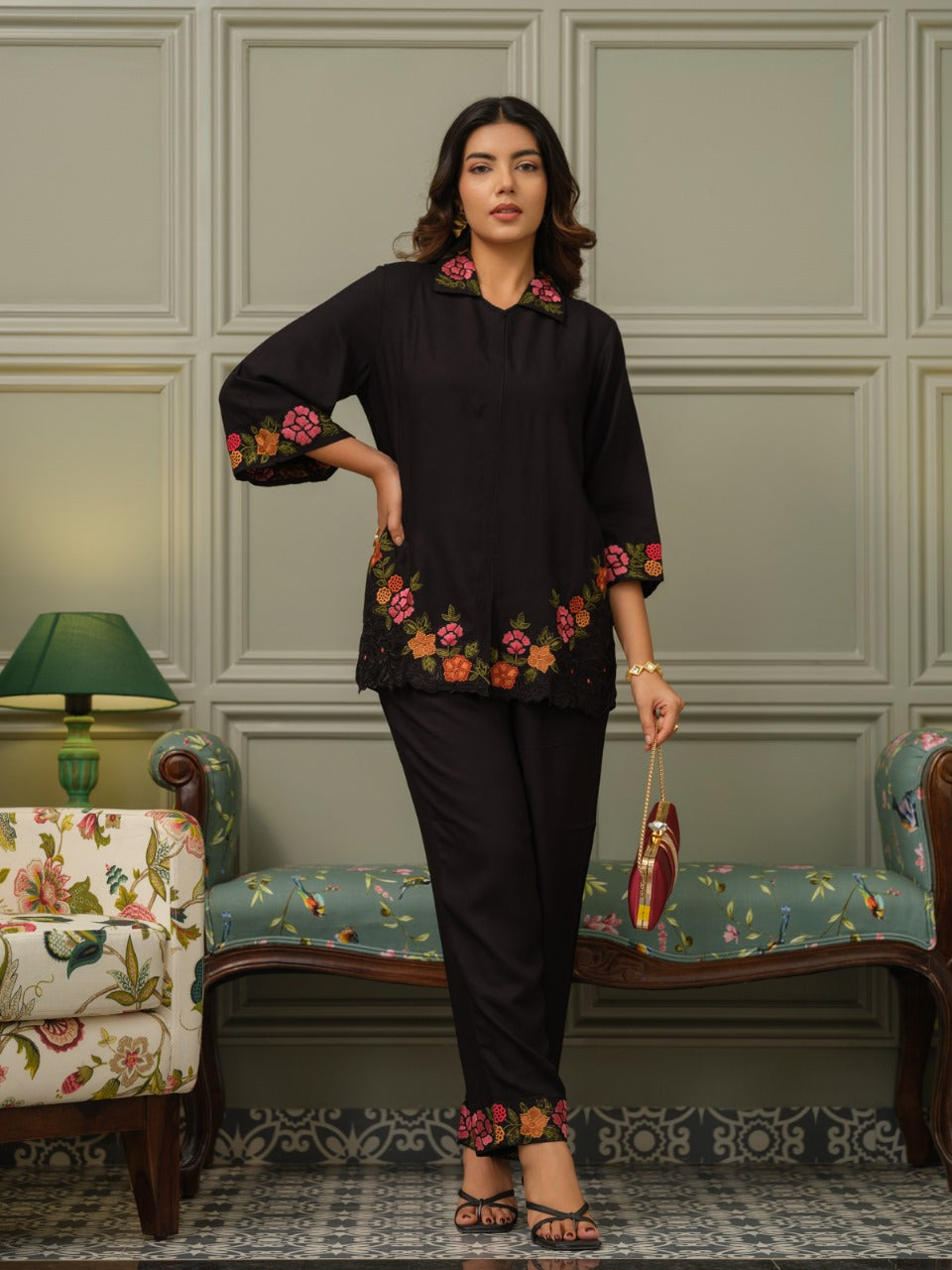 Cotton slub embroidery co ord set