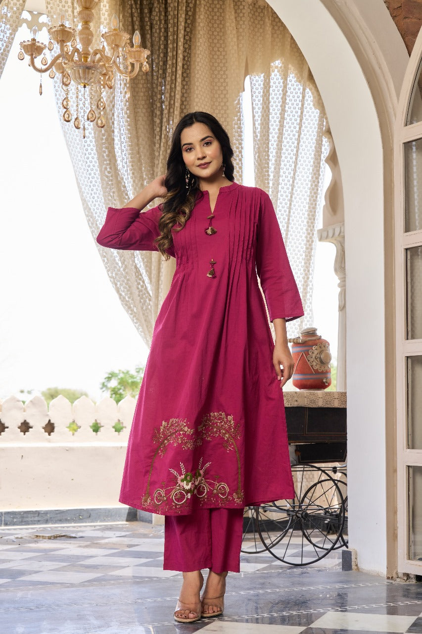 Pink cotton embroidery kurta pant