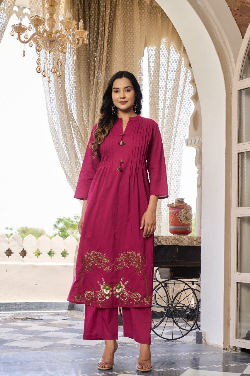 Pink cotton embroidery kurta pant