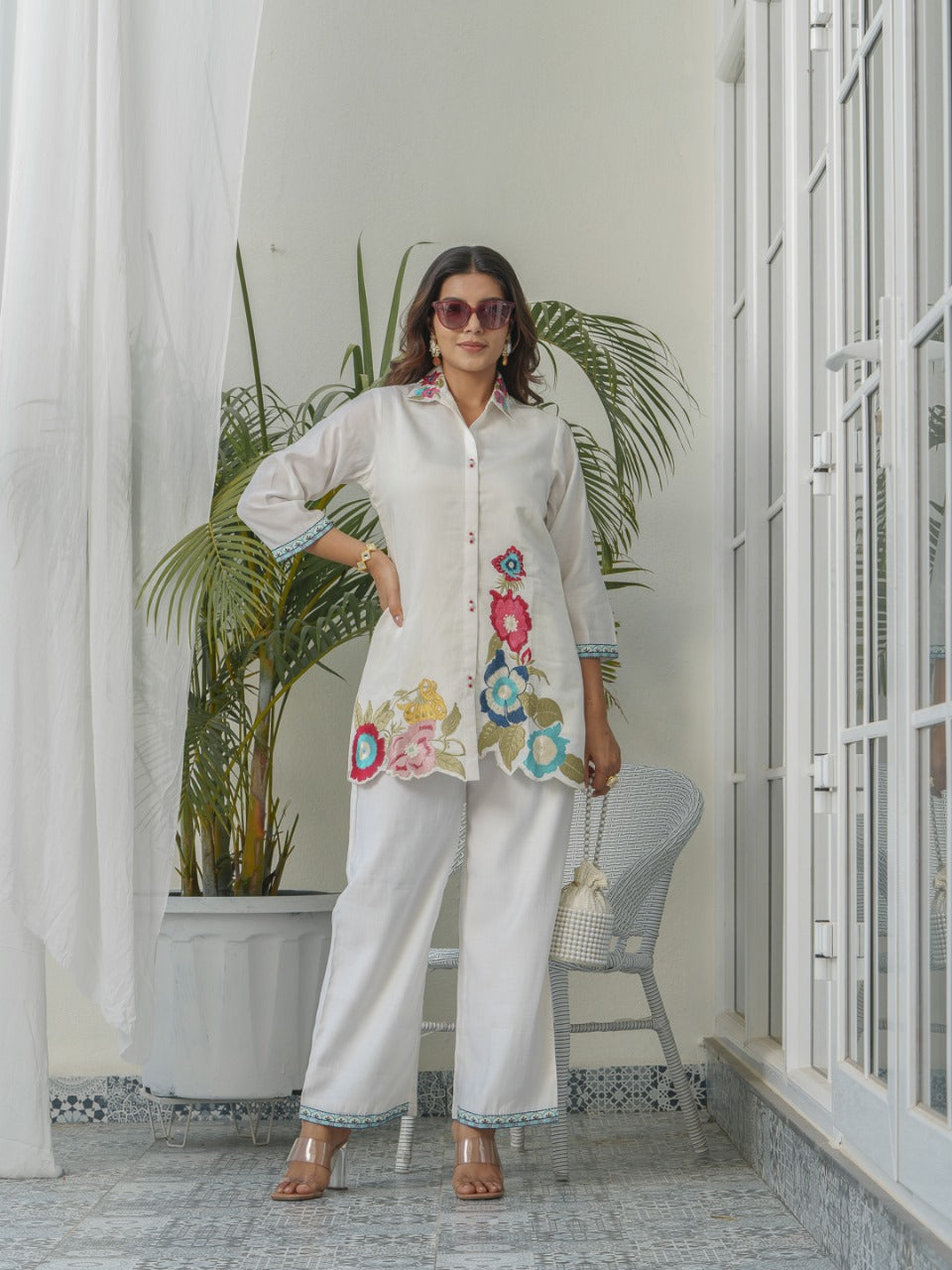 Muslin appliqué work embroidery co ord set