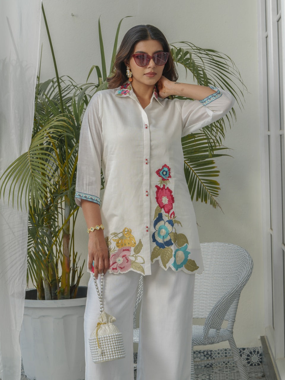 Muslin appliqué work embroidery co ord set