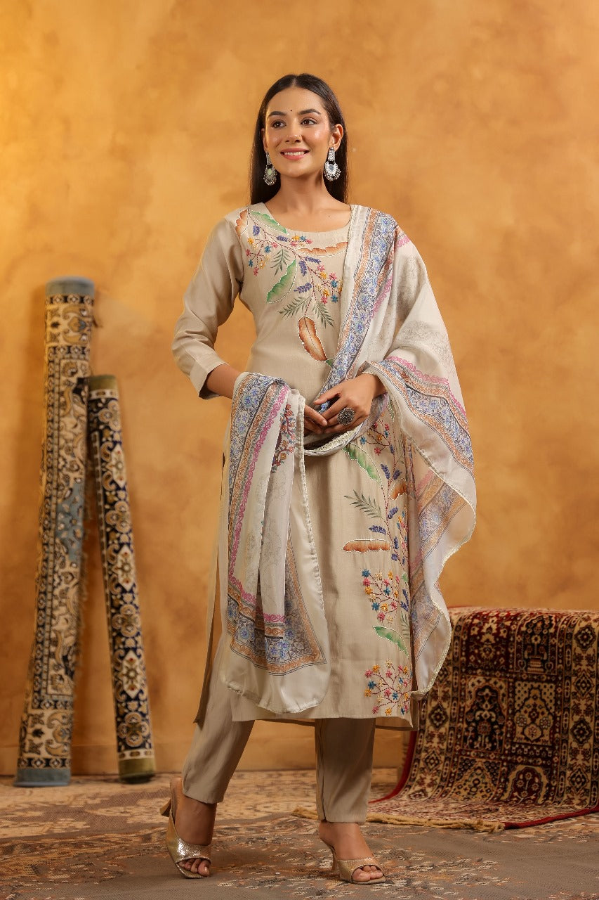 Muslin embroidery full suit set in beige
