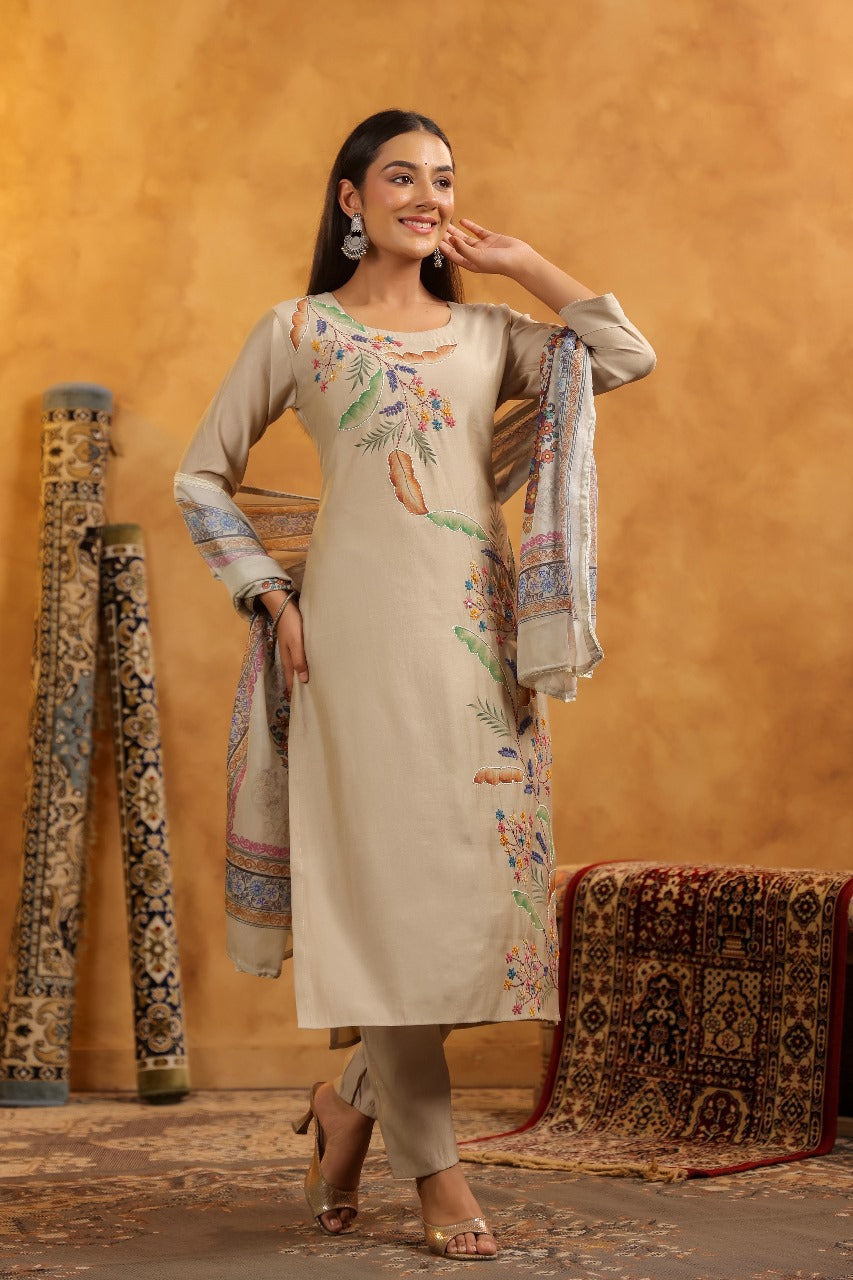 Muslin embroidery full suit set in beige