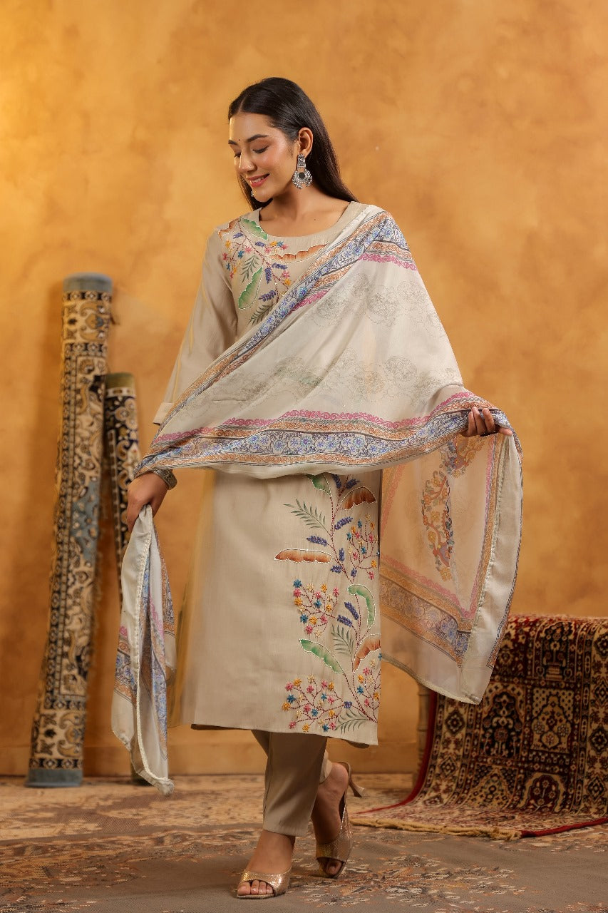 Muslin embroidery full suit set in beige
