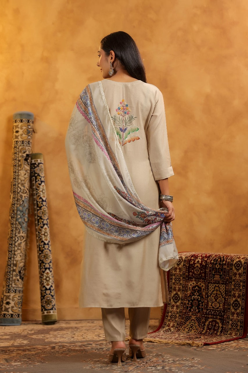 Muslin embroidery full suit set in beige