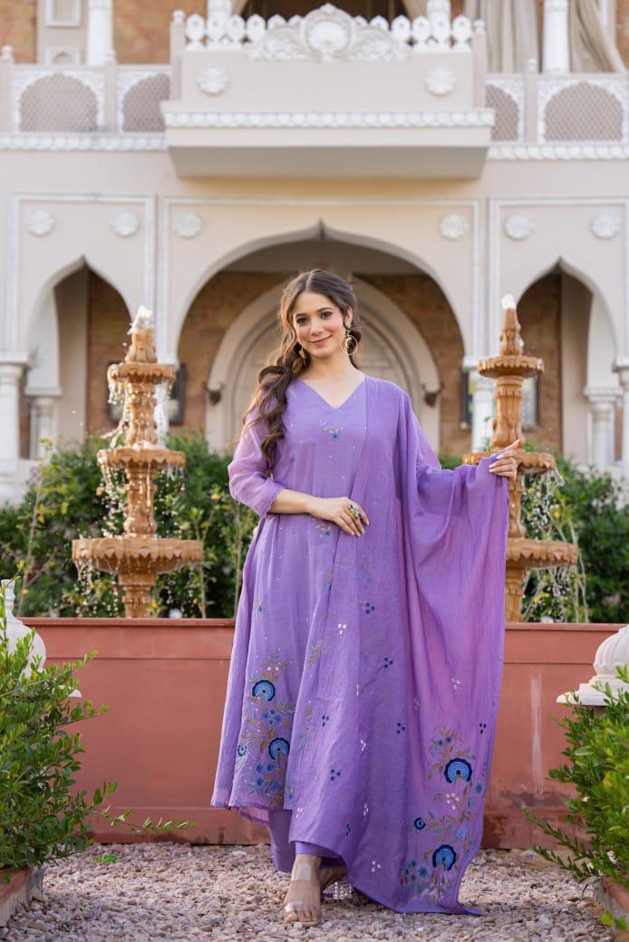 Smart n pretty Mul Chanderi full suit set in purple