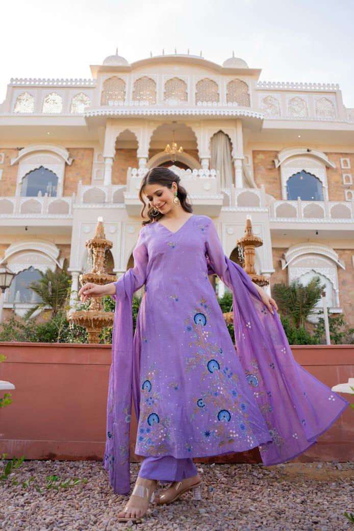 Smart n pretty Mul Chanderi full suit set in purple