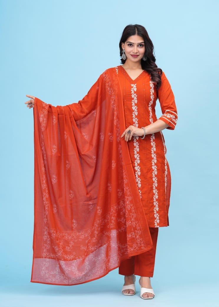 Wow cotton embroidery full suit set in orange