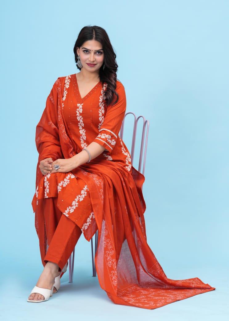 Wow cotton embroidery full suit set in orange