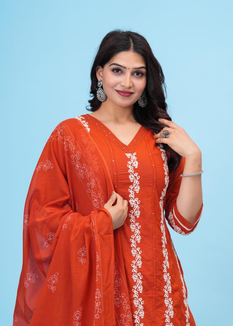 Wow cotton embroidery full suit set in orange