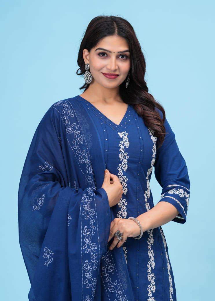 Wow cotton embroidery full suit set in blue