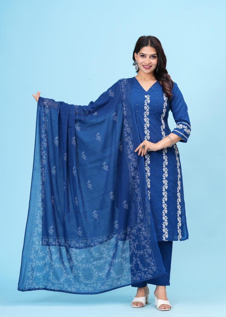 Wow cotton embroidery full suit set in blue