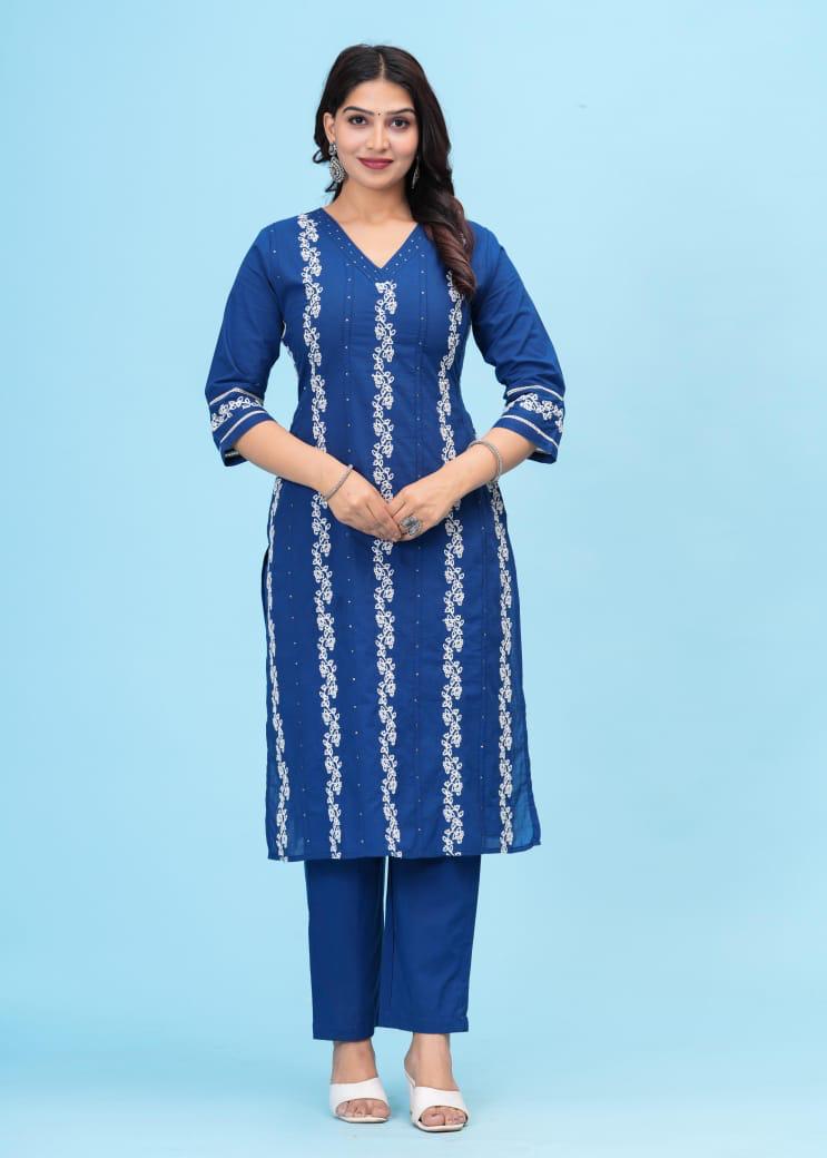 Wow cotton embroidery full suit set in blue
